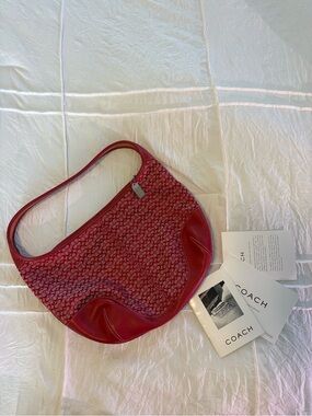 Coach Red Signature Canvas Hobo Bag with Leather Trim